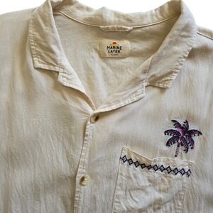 Marine Layer Mens XLarge Cream Embroidered Palm Tree Short Sleeve Button Shirt